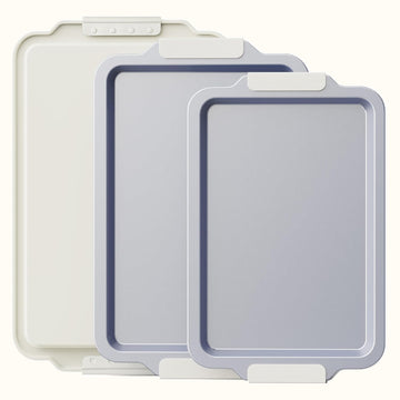 3-Piece Ceramic Nonstick Baking Sheet Set – White, Heavy Duty Aluminized Steel, Silicone Handles
