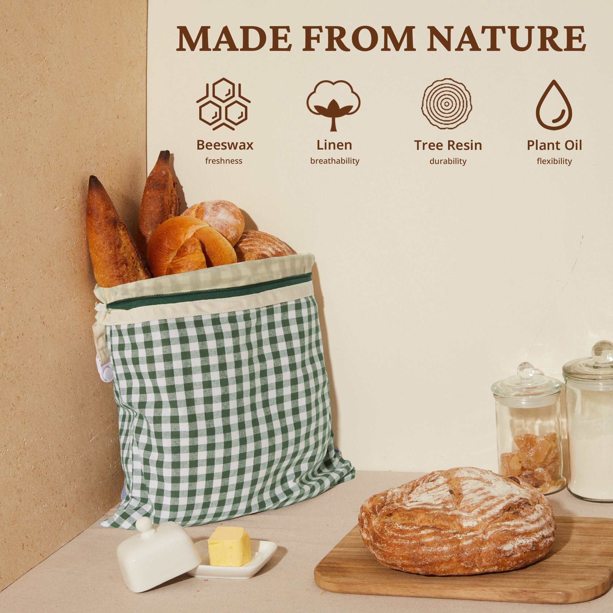 Organic Linen & Beeswax Bread Bag with Zipper (2-Pack)