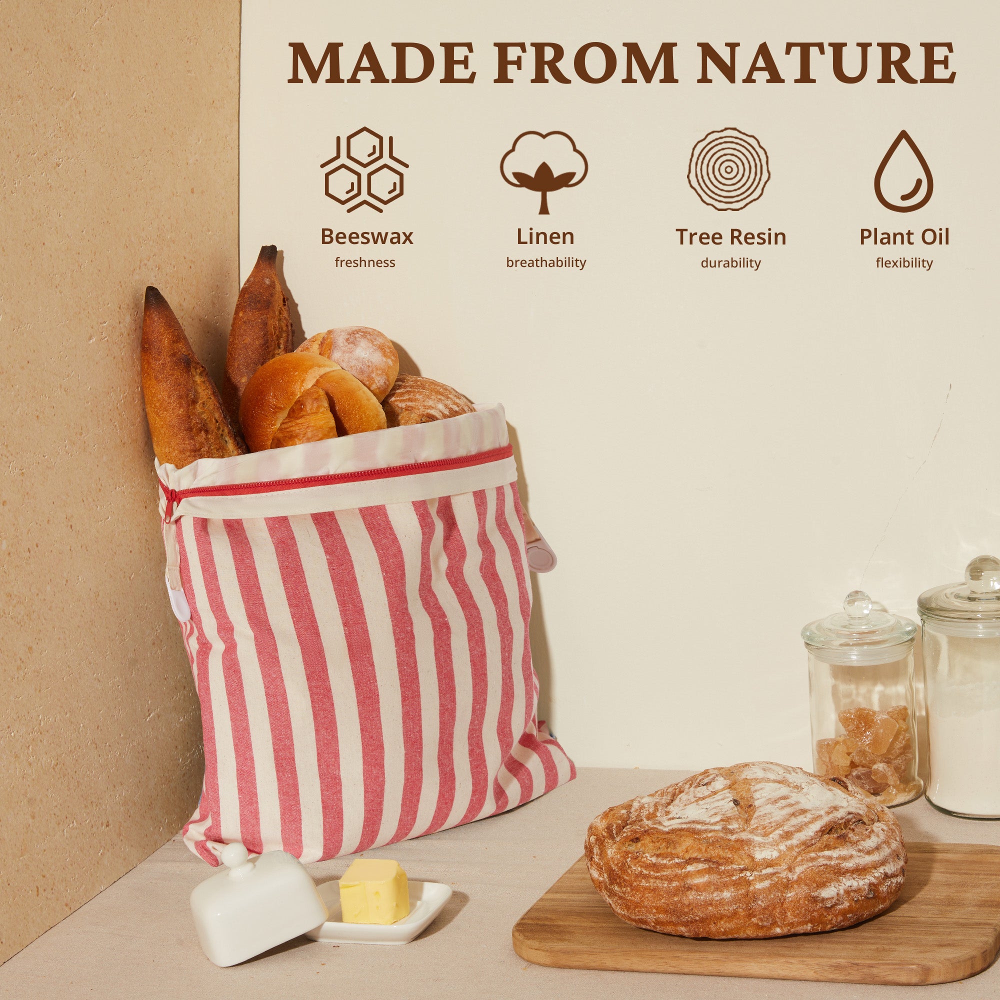 Organic Linen & Beeswax Bread Bag with Zipper (2-Pack)