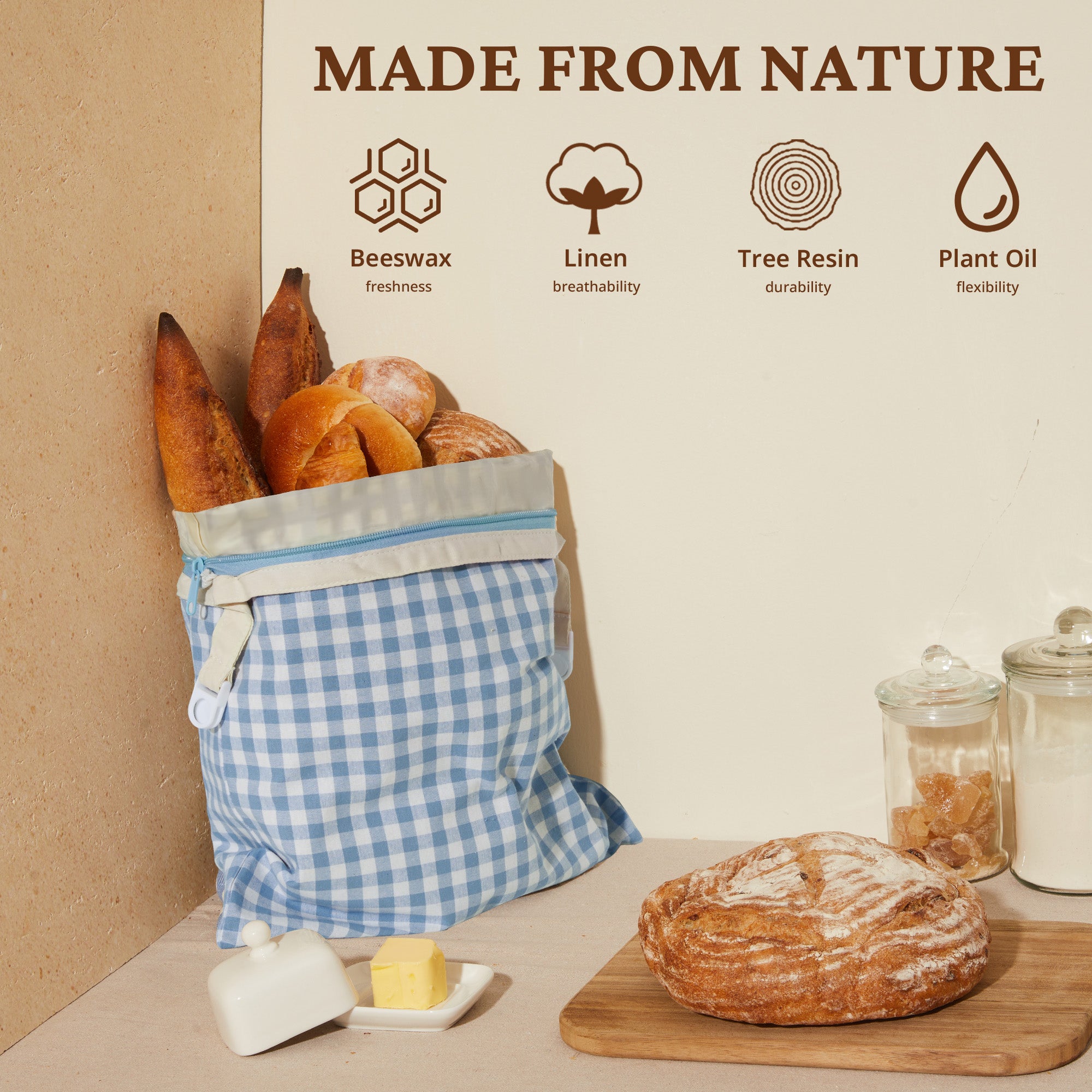 Organic Linen & Beeswax Bread Bag with Zipper (2-Pack)