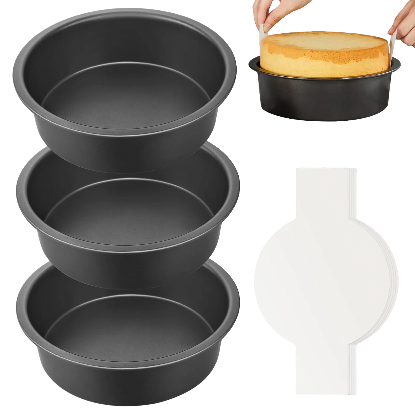 8-Inch Round Cake Pans (3-Pack) with Parchment Paper Slings (100-Pack)