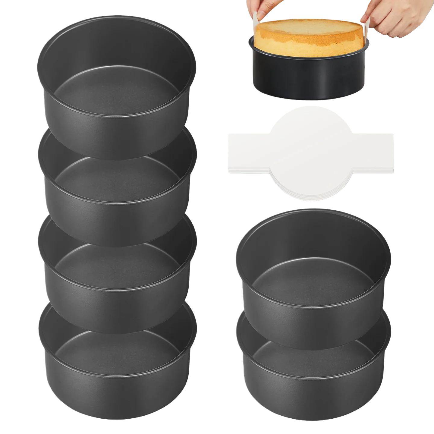 6-Inch Round Cake Pans (6-Pack) with Parchment Paper Slings (120-Pack)