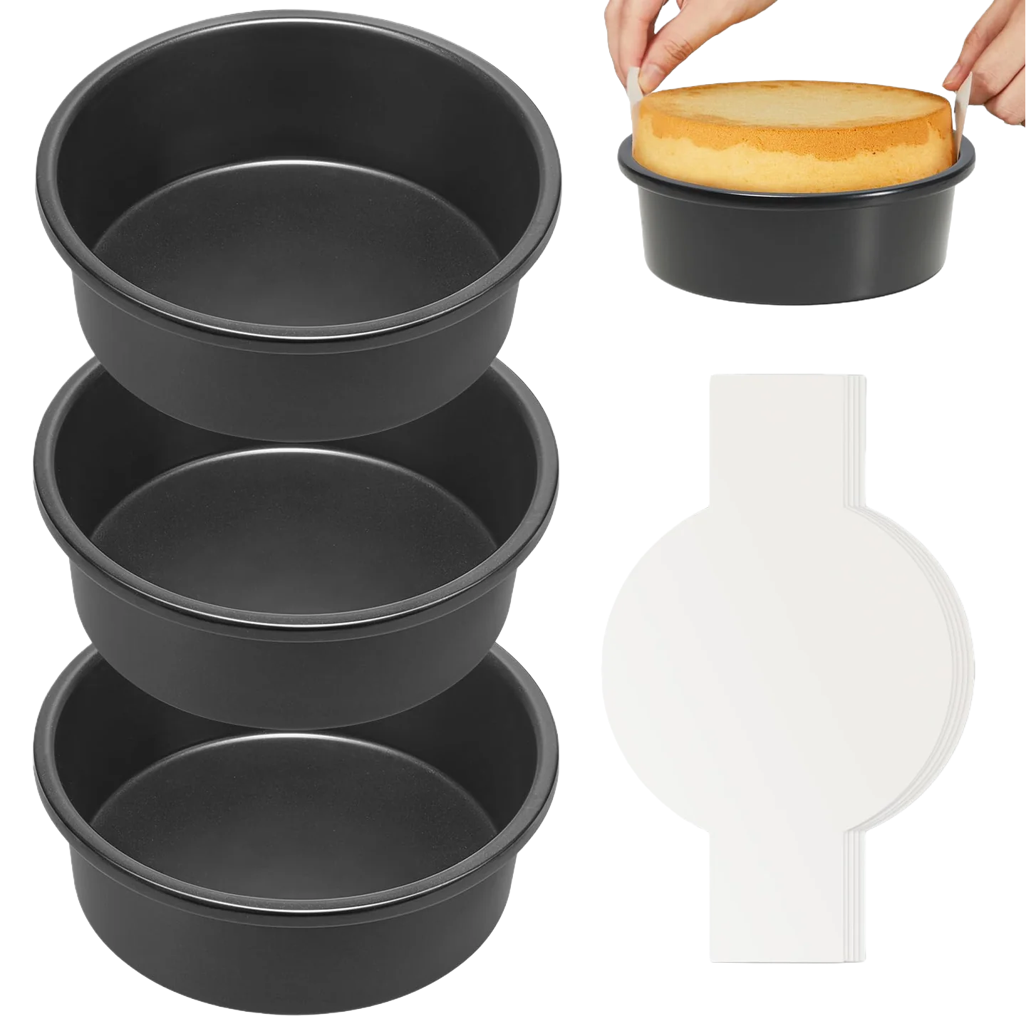 6-Inch Round Cake Pans (3-Pack) with Parchment Paper Slings (30-Pack)