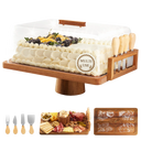 2-in-1 Acacia Wood Cake Stand with Lid & Cheese Knife Set