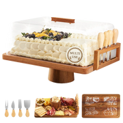 2-in-1 Acacia Wood Cake Stand with Lid & Cheese Knife Set