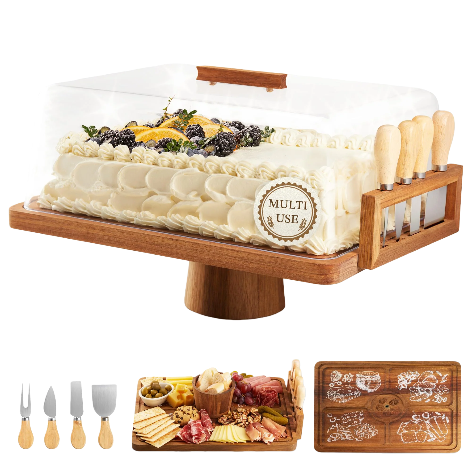 2-in-1 Acacia Wood Cake Stand with Lid & Cheese Knife Set