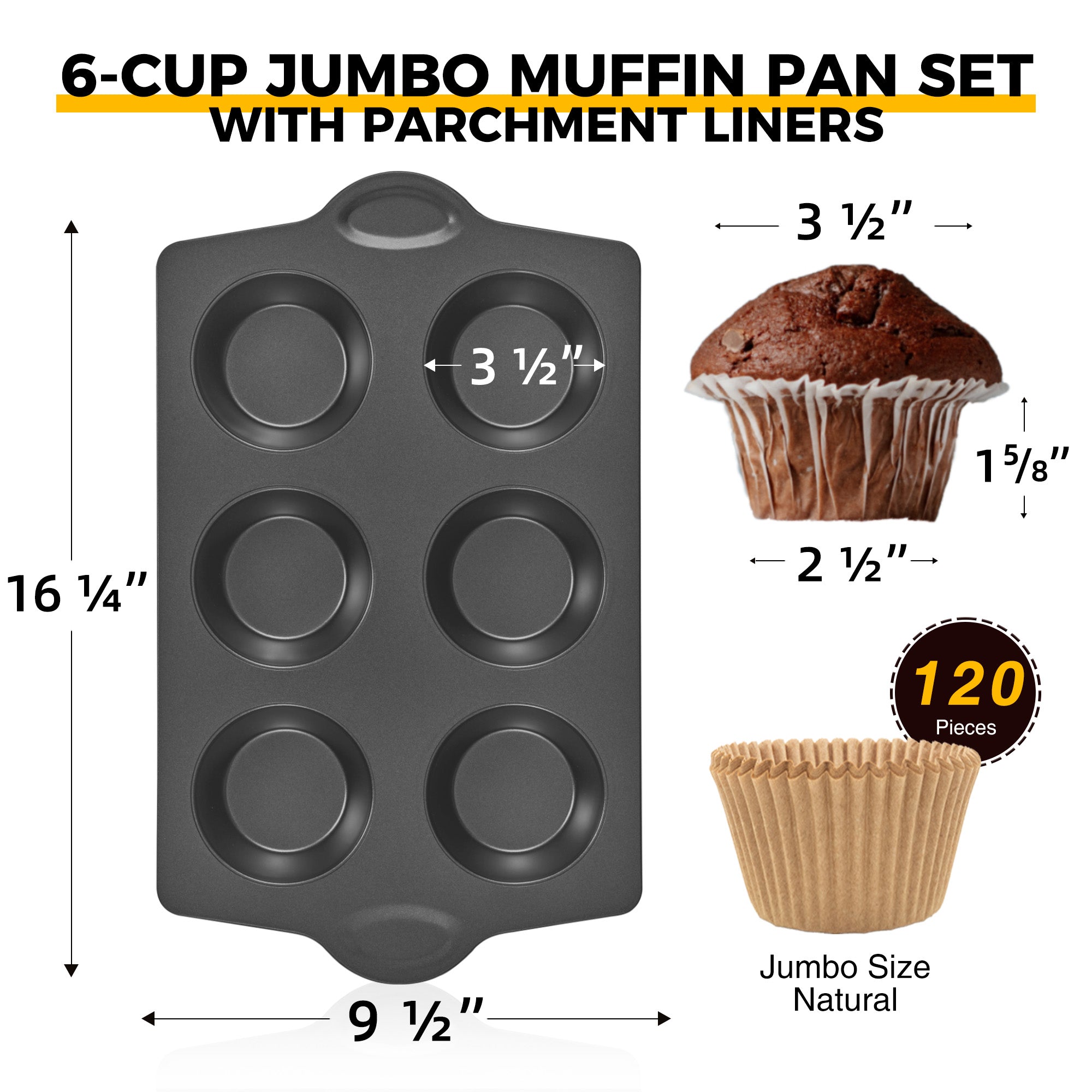 Nonstick Jumbo Muffin Pan, 6-Cup (2-Pack) with Cupcake Liner (120-Pack)