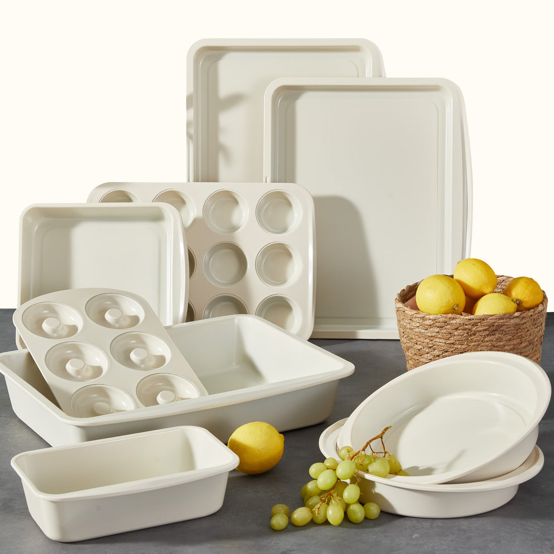 Stackable 9-Piece Non-Stick Bakeware Set with Donut Pan – White, Space-Saving Baking Pans