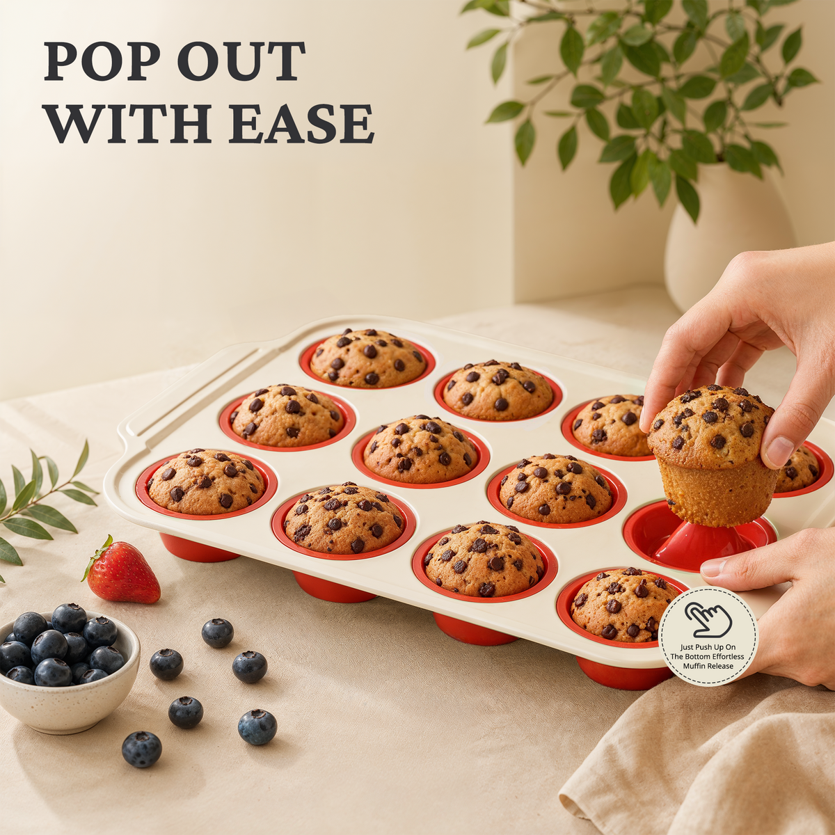 Silicone Standard Muffin Pan with Warm Oat Carbon Steel Frame, 12-Cup