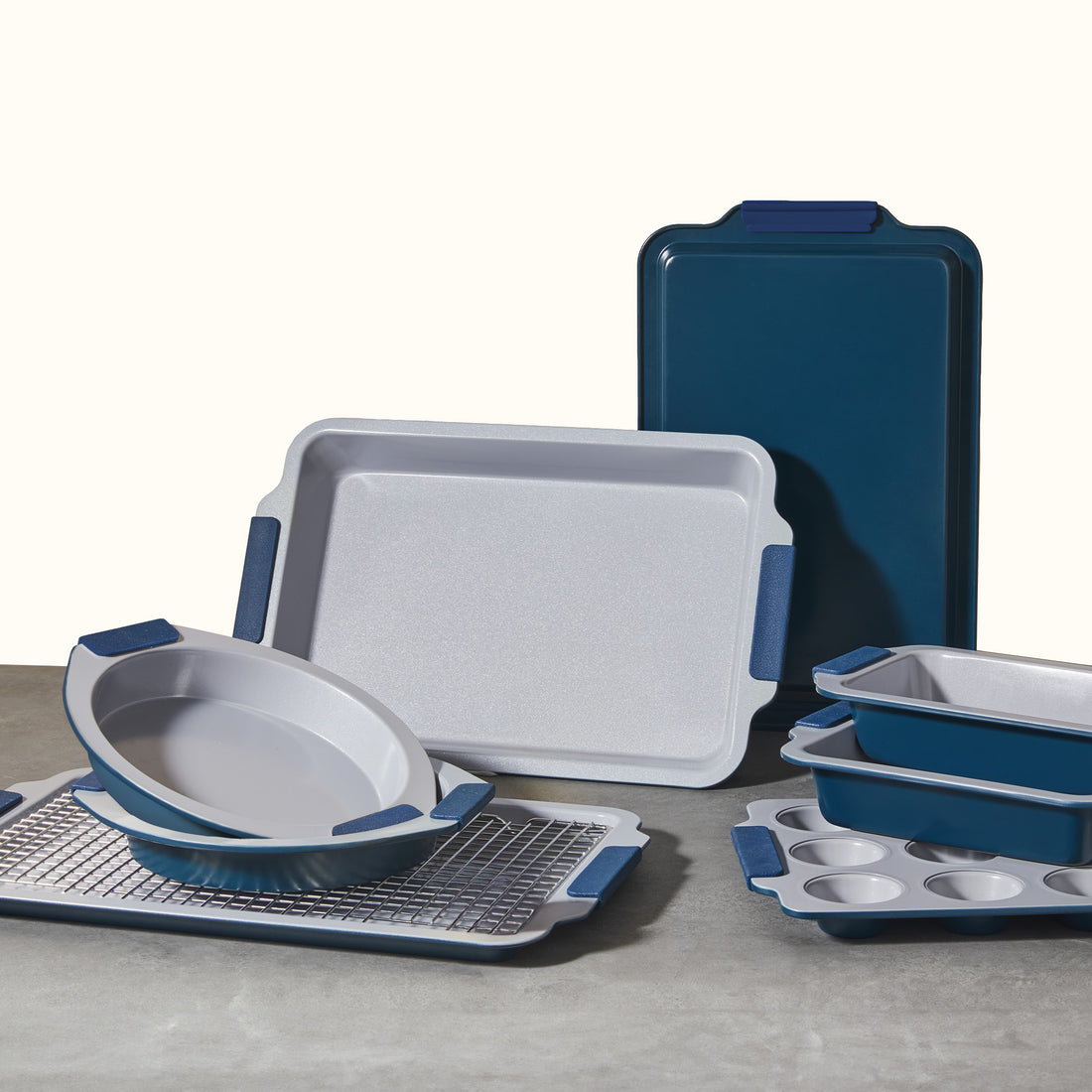 9-Piece Ceramic Nonstick Bakeware Set with Silicone Handles – Blue, Heavy Duty Aluminized Steel