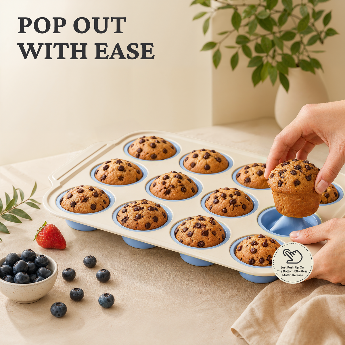 Silicone Standard Muffin Pan with Warm Oat Carbon Steel Frame, 12-Cup
