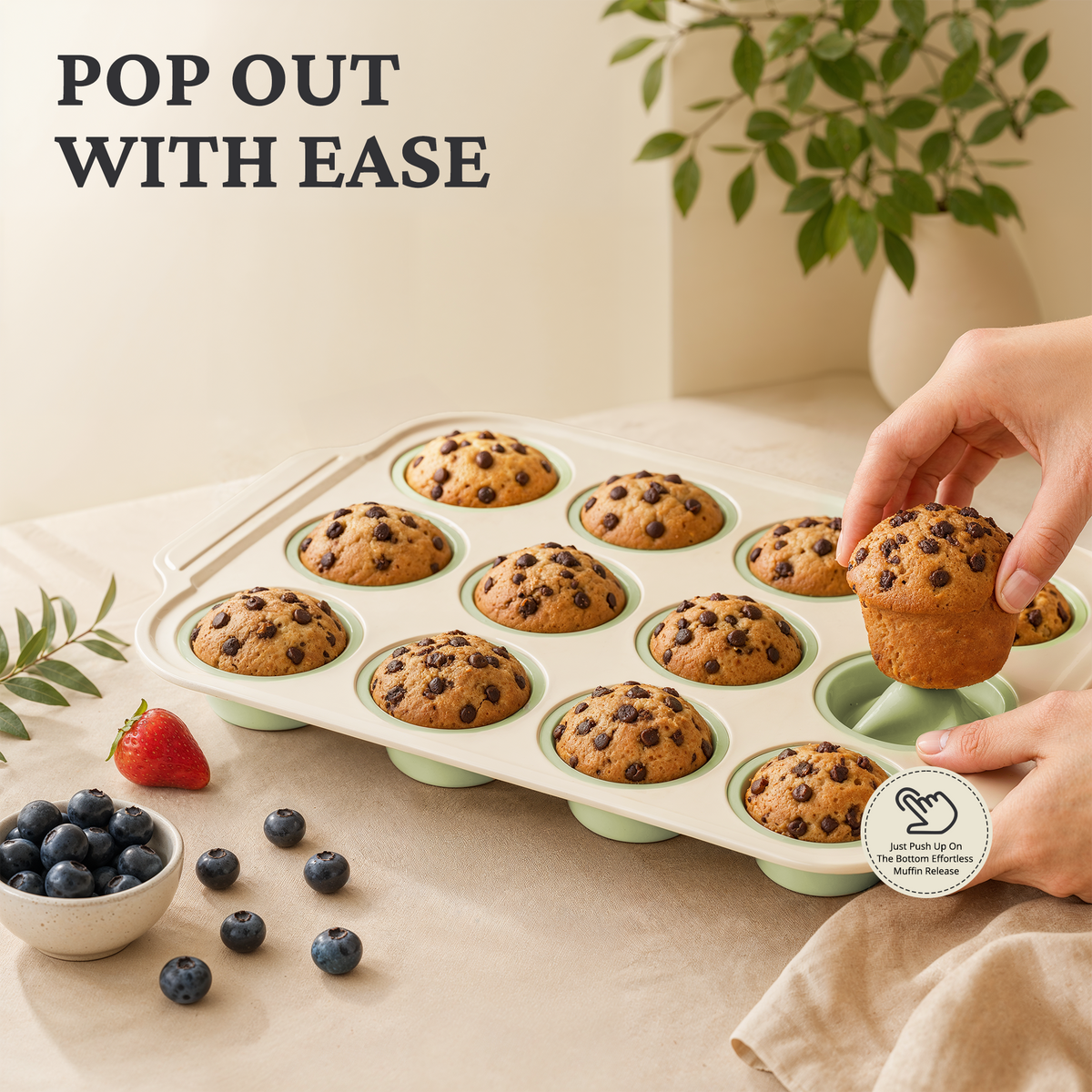 Silicone Standard Muffin Pan with Warm Oat Carbon Steel Frame, 12-Cup