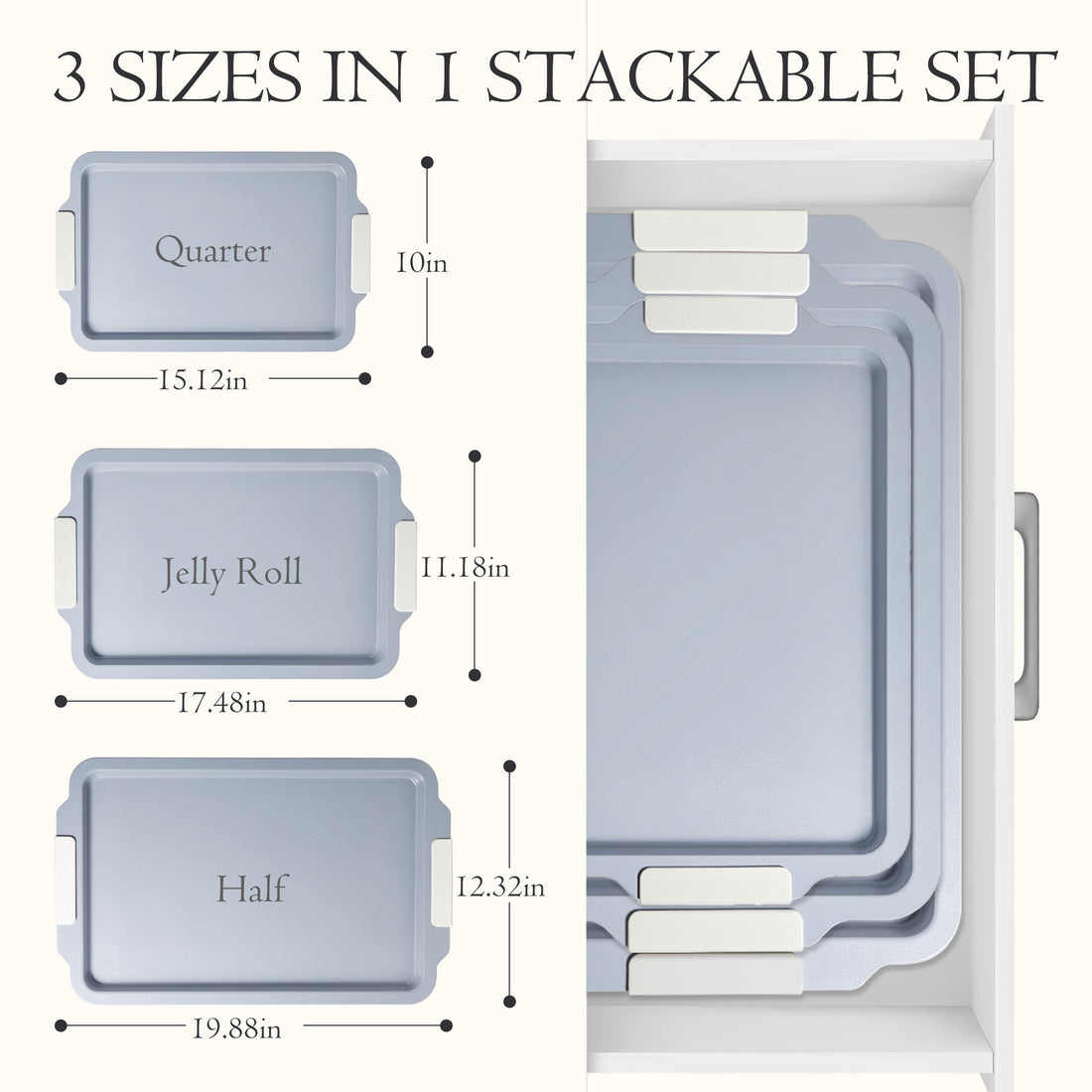 3-Piece Ceramic Nonstick Baking Sheet Set – White, Heavy Duty Aluminized Steel, Silicone Handles