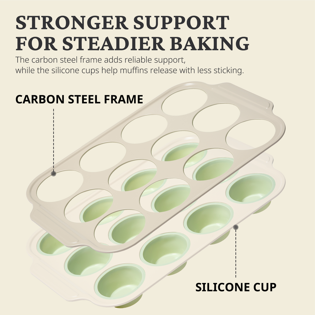 Silicone Standard Muffin Pan with Warm Oat Carbon Steel Frame, 12-Cup