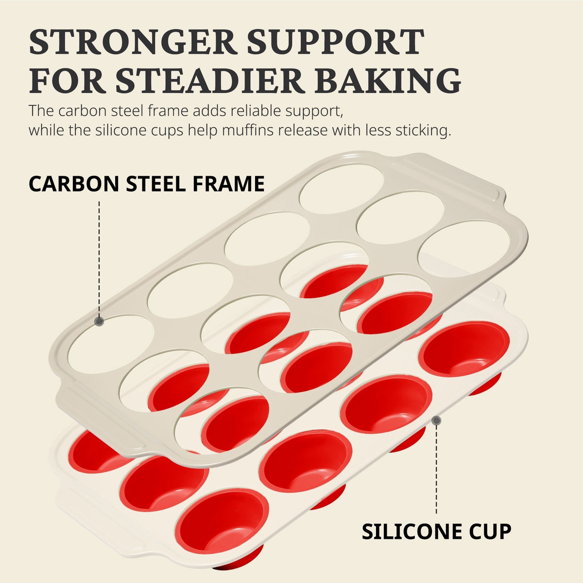 Silicone Standard Muffin Pan with Warm Oat Carbon Steel Frame, 12-Cup