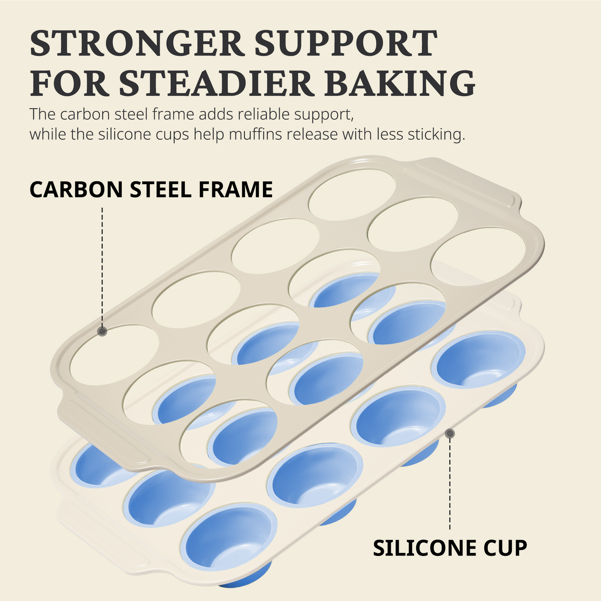 Silicone Standard Muffin Pan with Warm Oat Carbon Steel Frame, 12-Cup