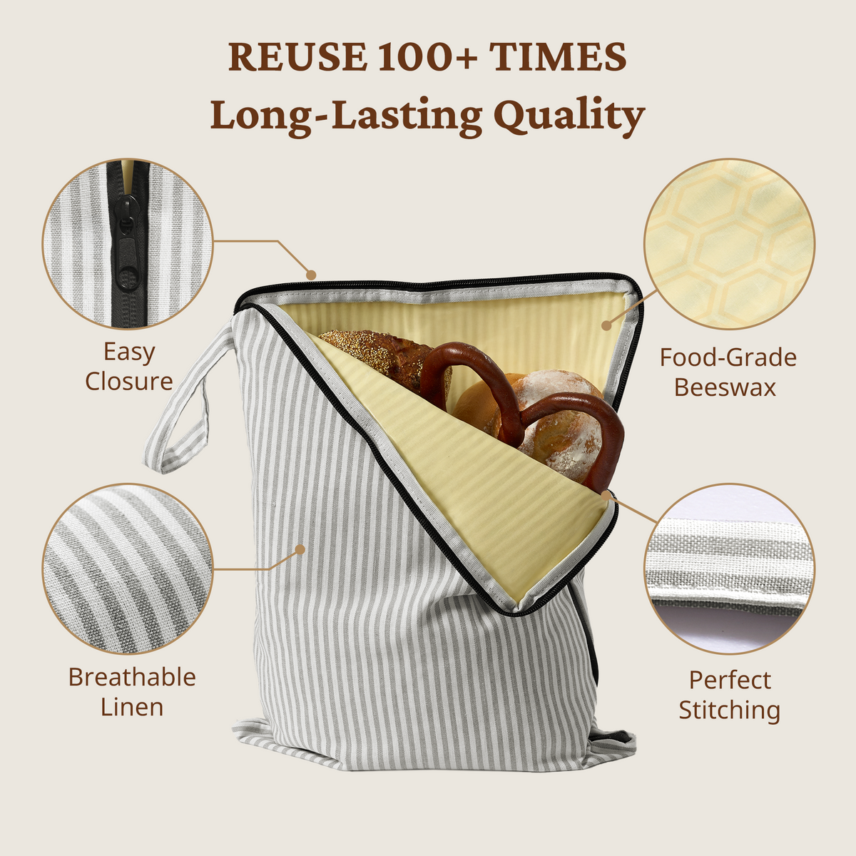Beeswax Bread Bag with L-Shaped Zipper (2-Pack)