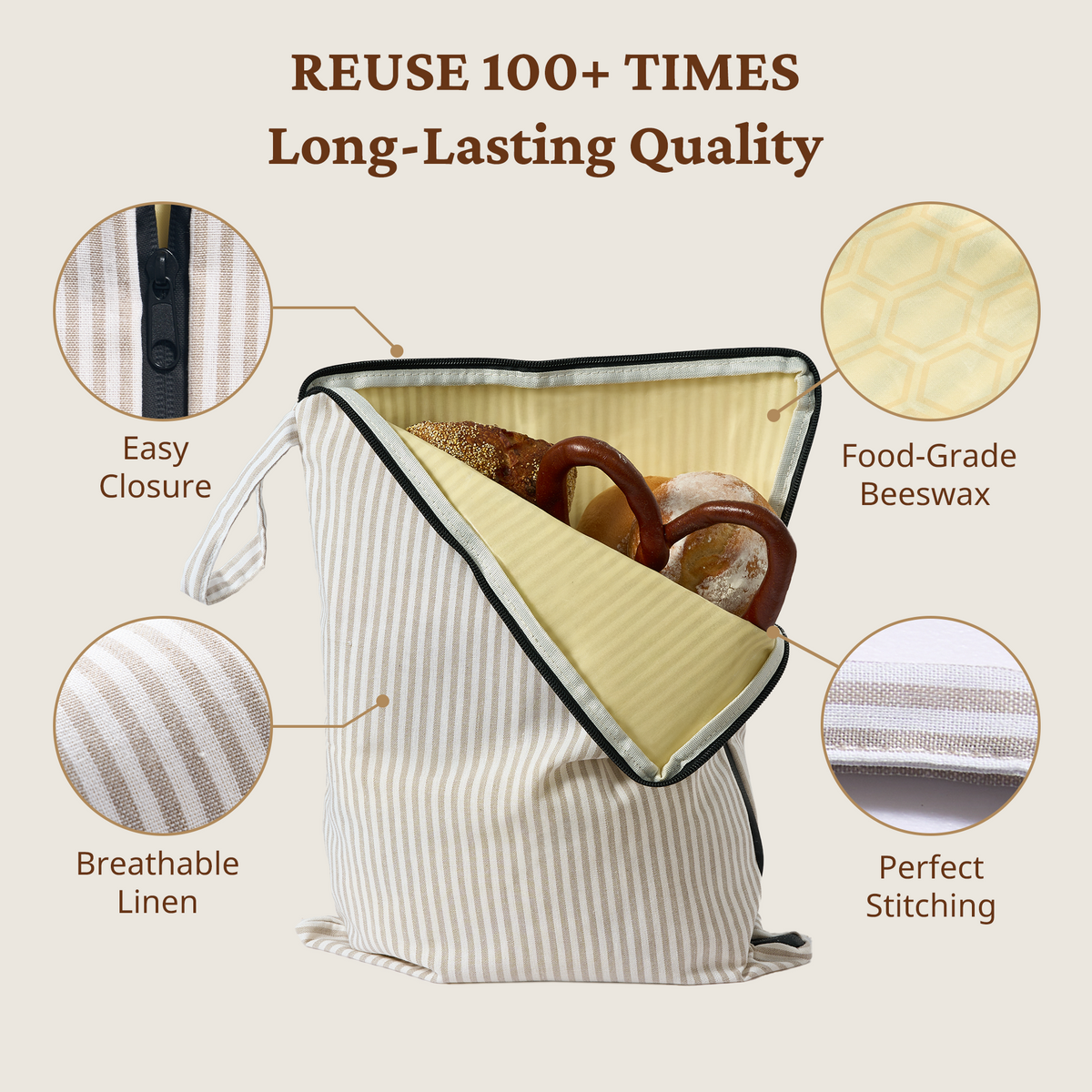 Beeswax Bread Bag with L-Shaped Zipper (2-Pack)