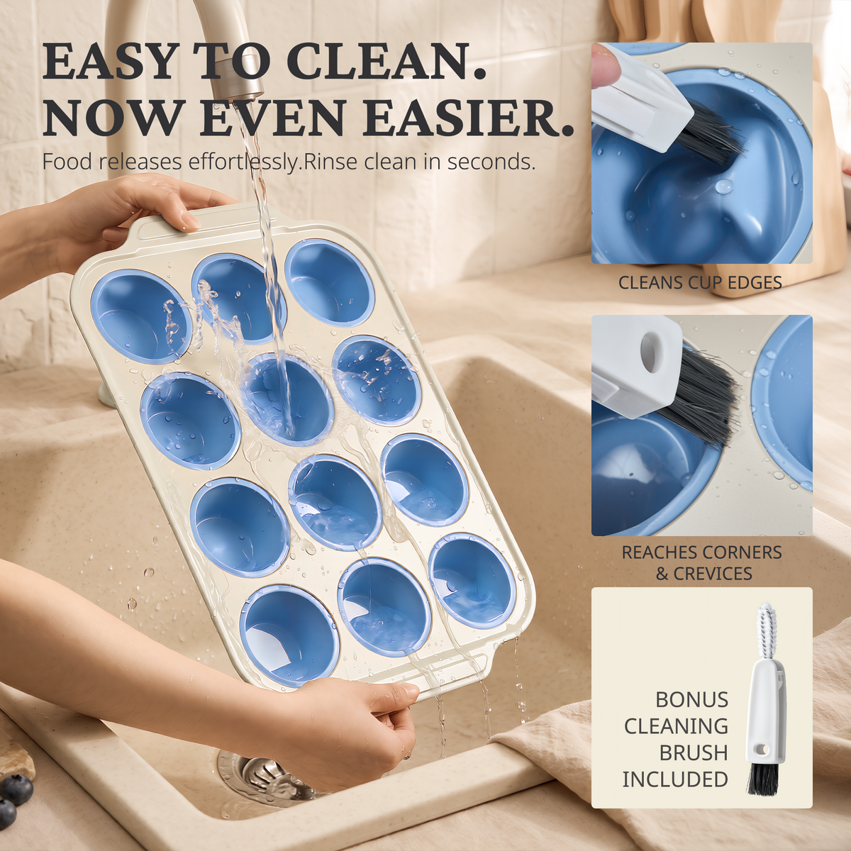 Silicone Standard Muffin Pan with Warm Oat Carbon Steel Frame, 12-Cup