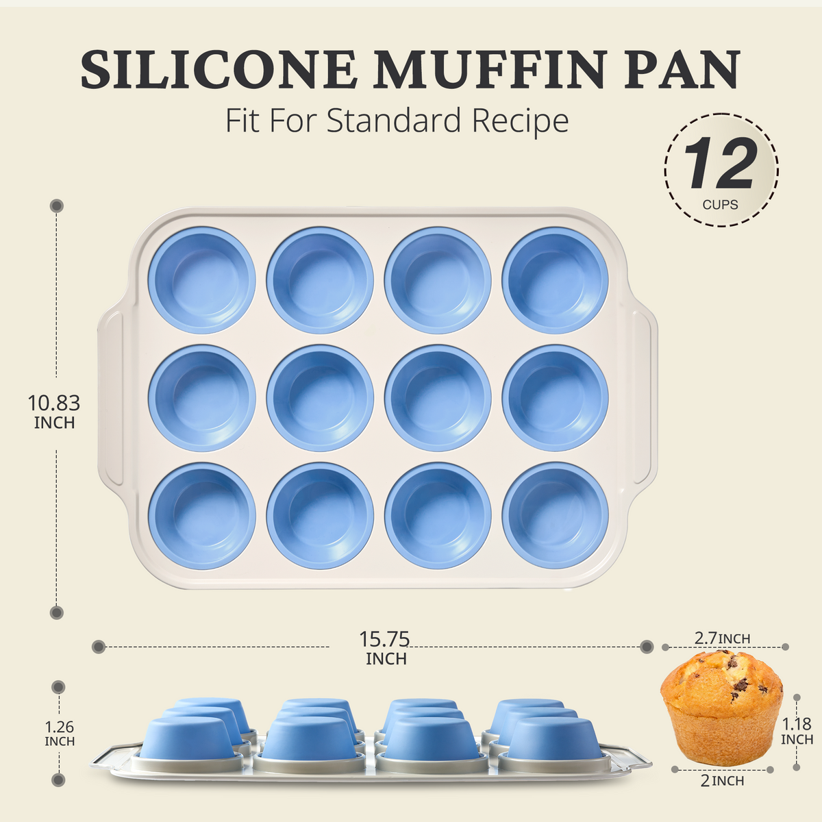 Silicone Standard Muffin Pan with Warm Oat Carbon Steel Frame, 12-Cup