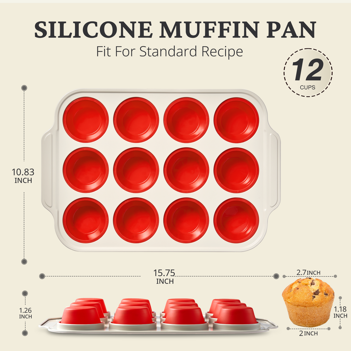 Silicone Standard Muffin Pan with Warm Oat Carbon Steel Frame, 12-Cup