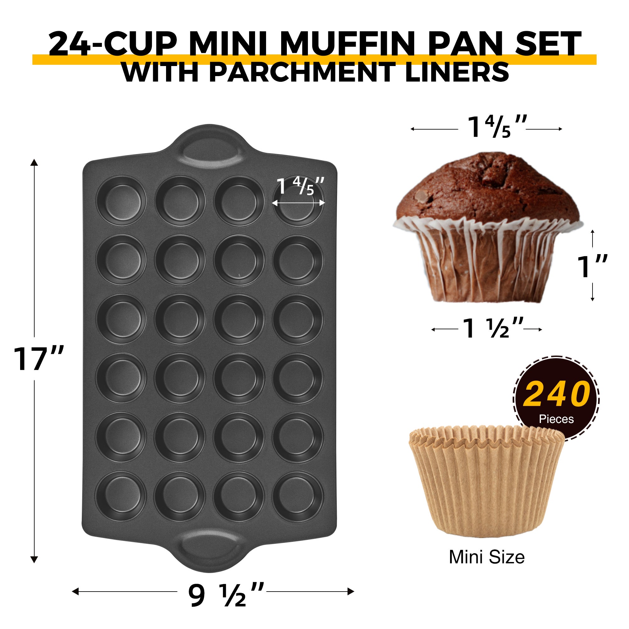 Nonstick Mini Muffin Pan, 24-Cup (2-Pack) with Cupcake Liner (240-Pack)