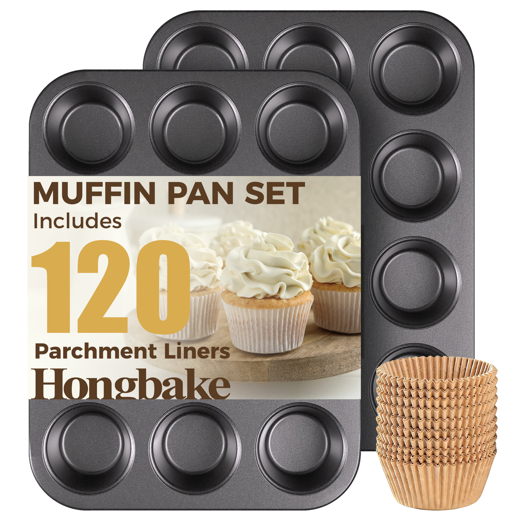 Muffin Pan with 120 Cupcake Liners, 12-Cup (2-Pack)
