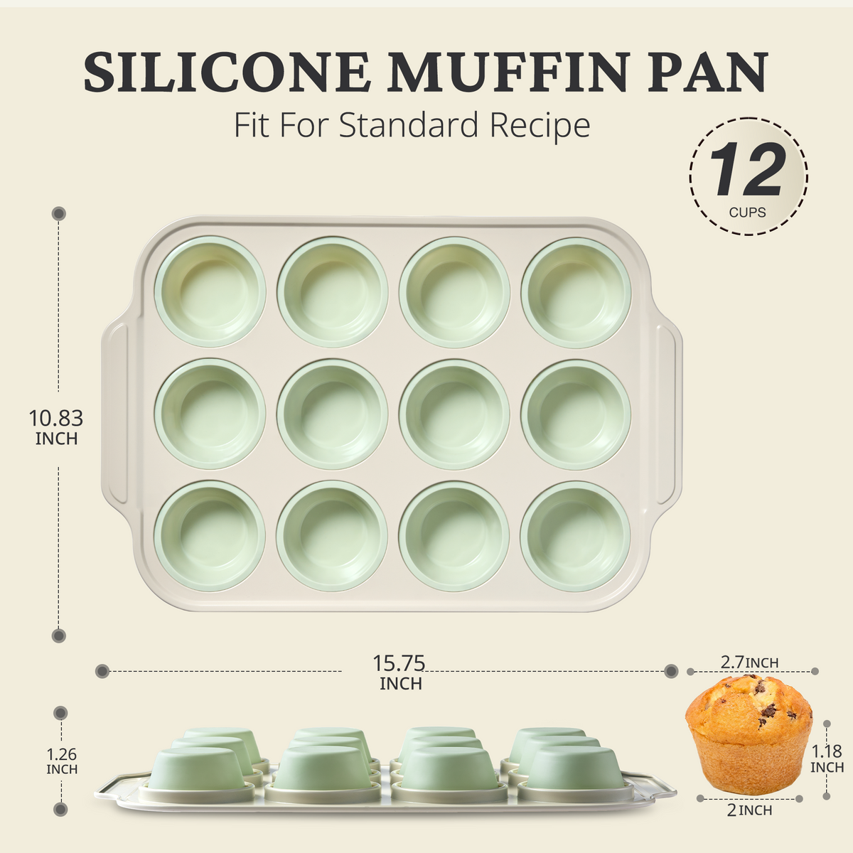 Silicone Standard Muffin Pan with Warm Oat Carbon Steel Frame, 12-Cup