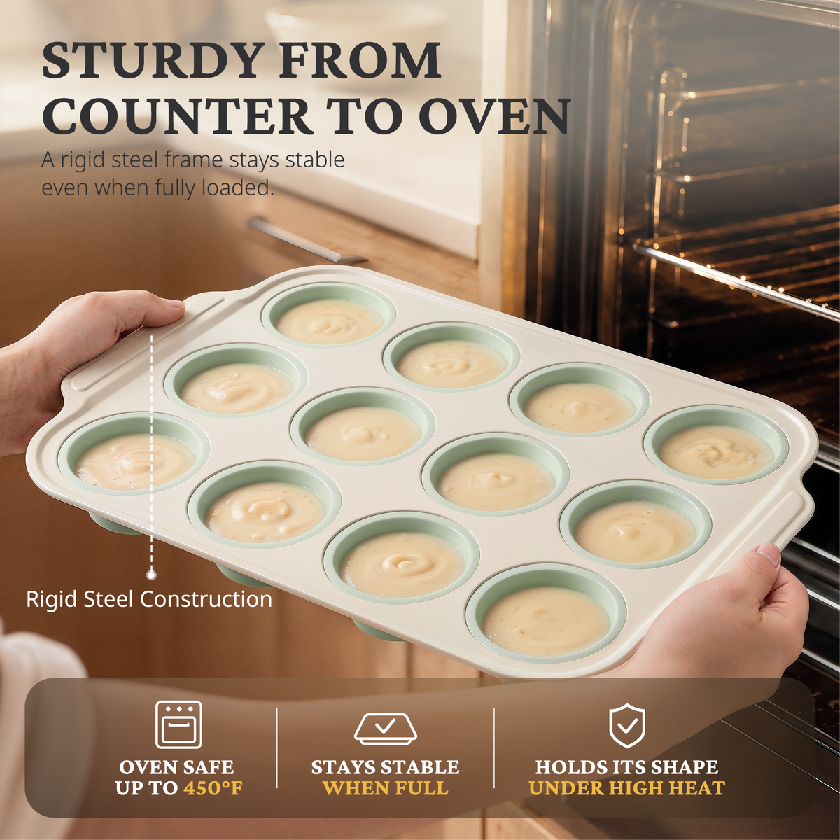 Silicone Standard Muffin Pan with Warm Oat Carbon Steel Frame, 12-Cup