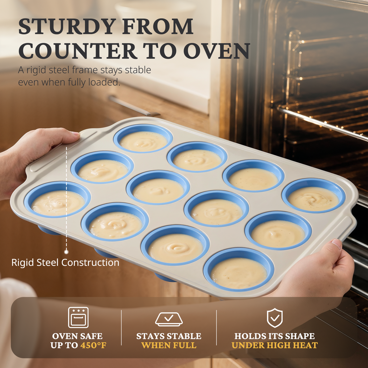 Silicone Standard Muffin Pan with Warm Oat Carbon Steel Frame, 12-Cup