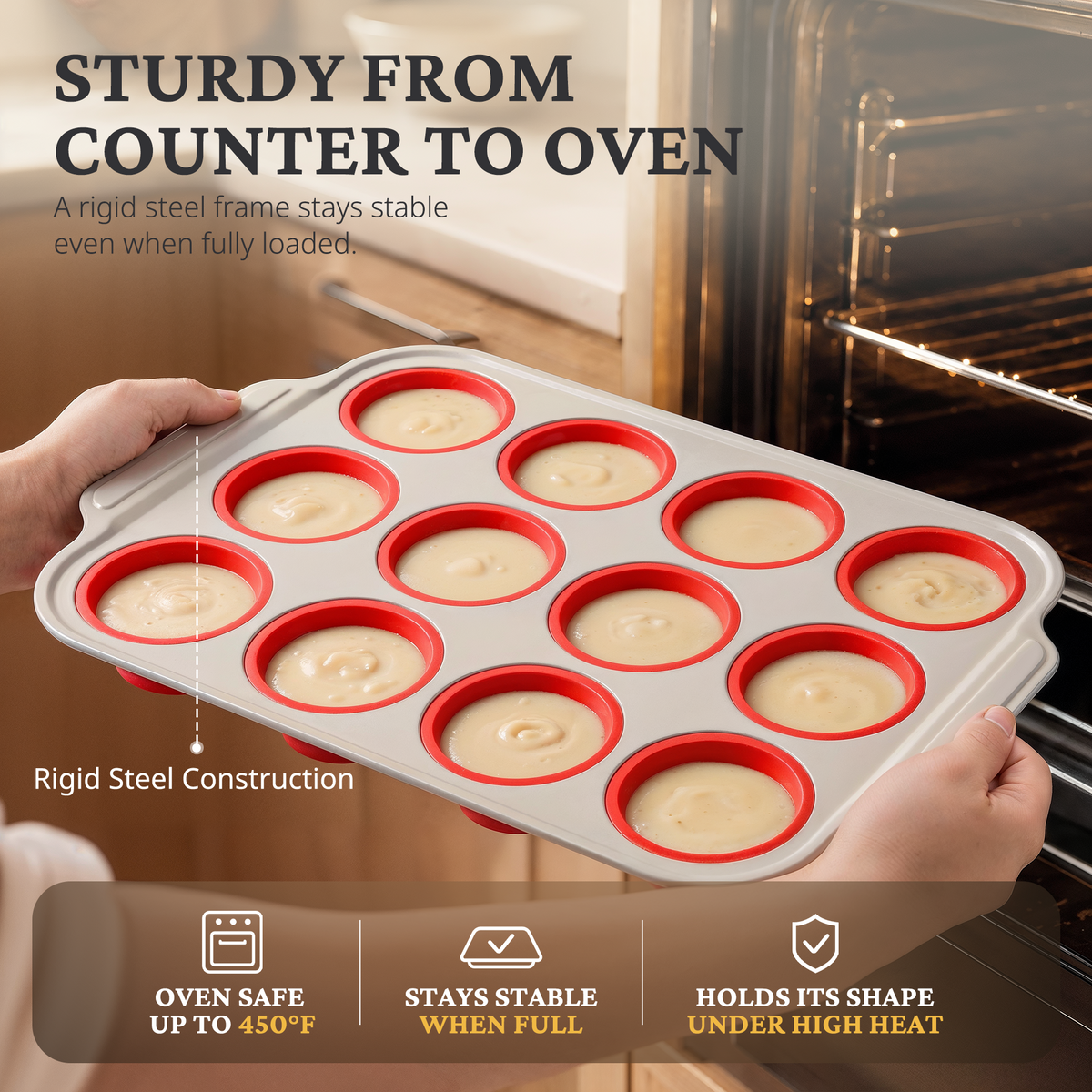Silicone Standard Muffin Pan with Warm Oat Carbon Steel Frame, 12-Cup
