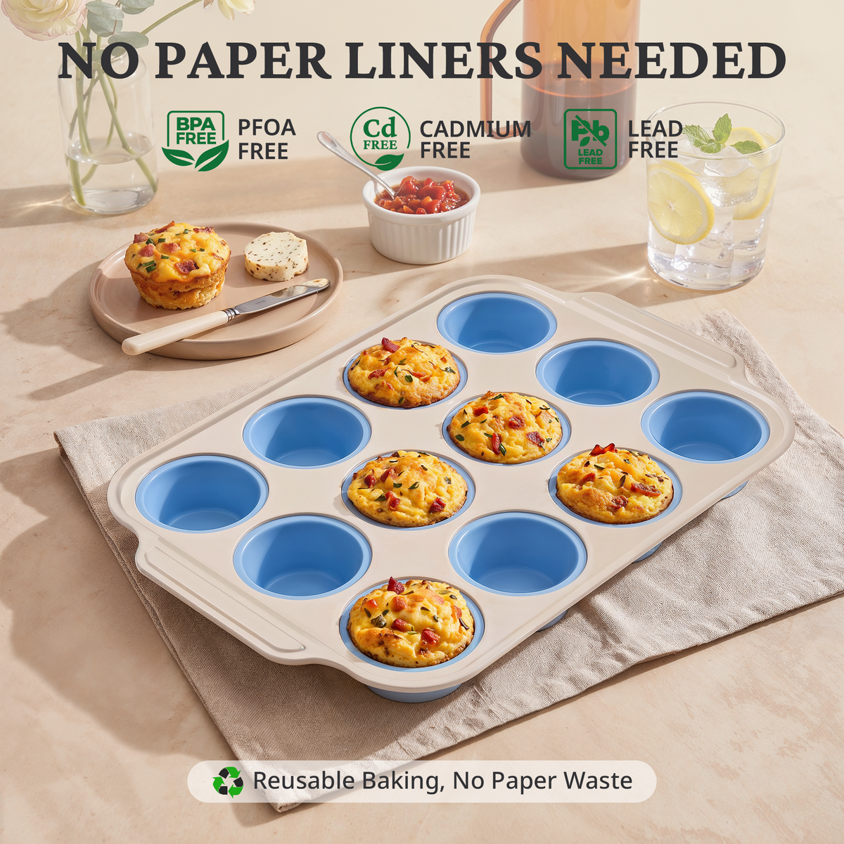 Silicone Standard Muffin Pan with Warm Oat Carbon Steel Frame, 12-Cup