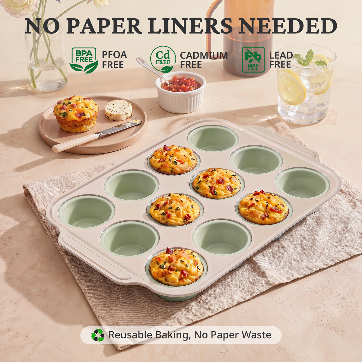 Silicone Standard Muffin Pan with Warm Oat Carbon Steel Frame, 12-Cup