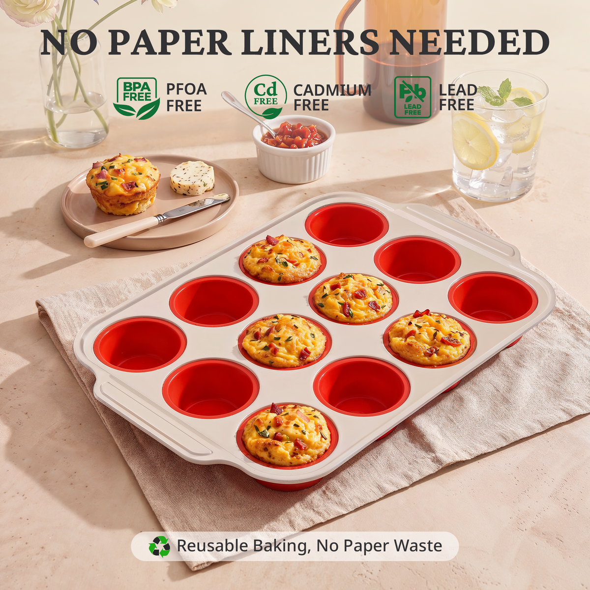 Silicone Standard Muffin Pan with Warm Oat Carbon Steel Frame, 12-Cup