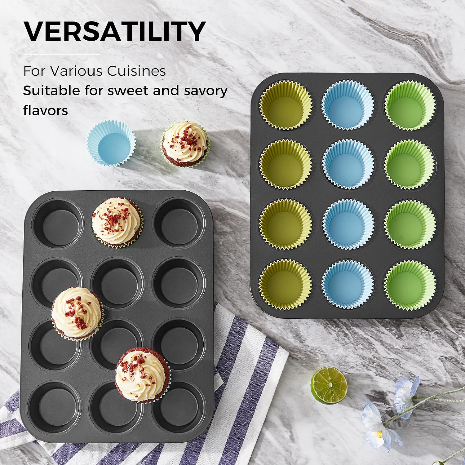 Nonstick Standard Muffin Pan, 12-Cup (2-Pack) with Silicone Baking Cups (24-Pack)