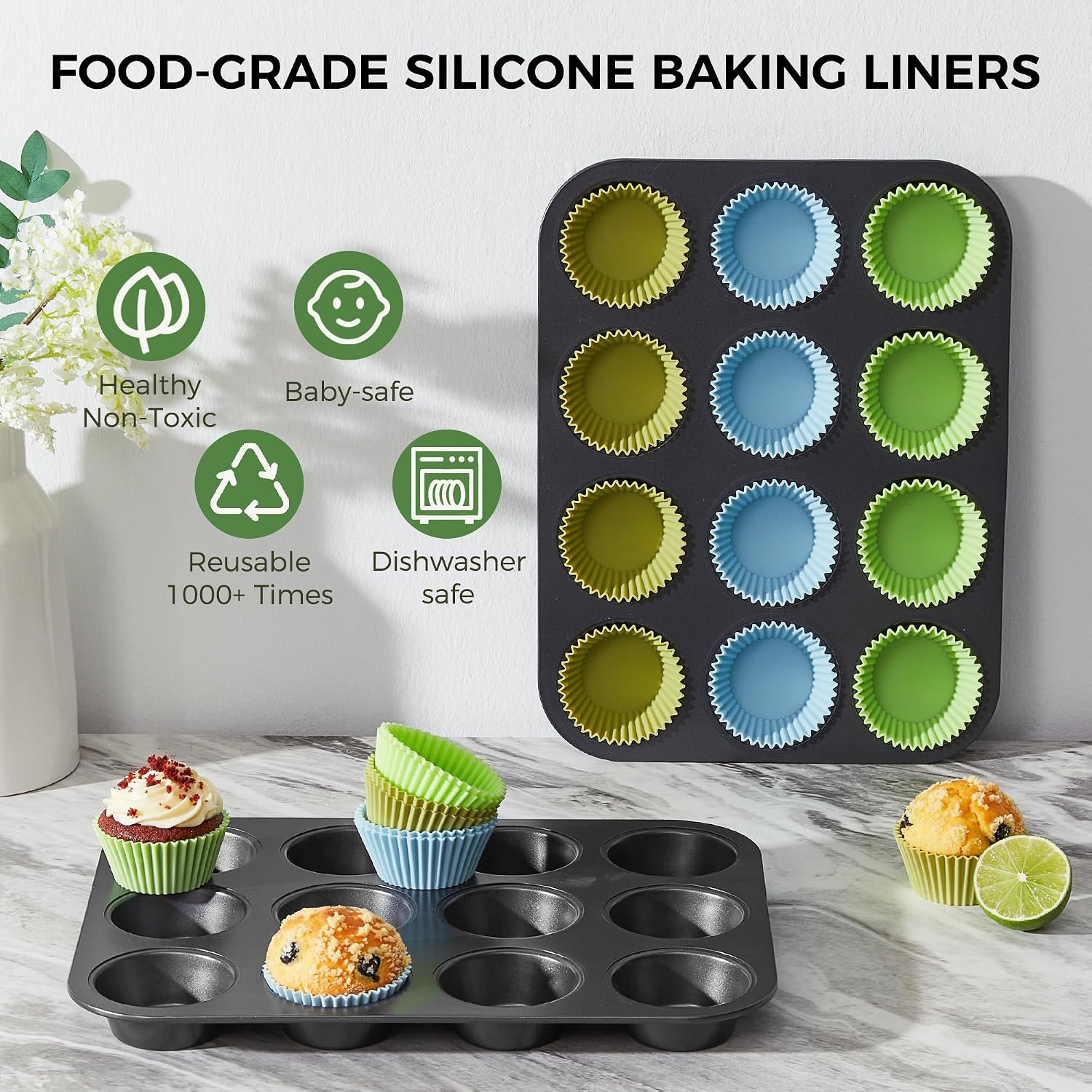 Nonstick Standard Muffin Pan, 12-Cup (2-Pack) with Silicone Baking Cups (24-Pack)