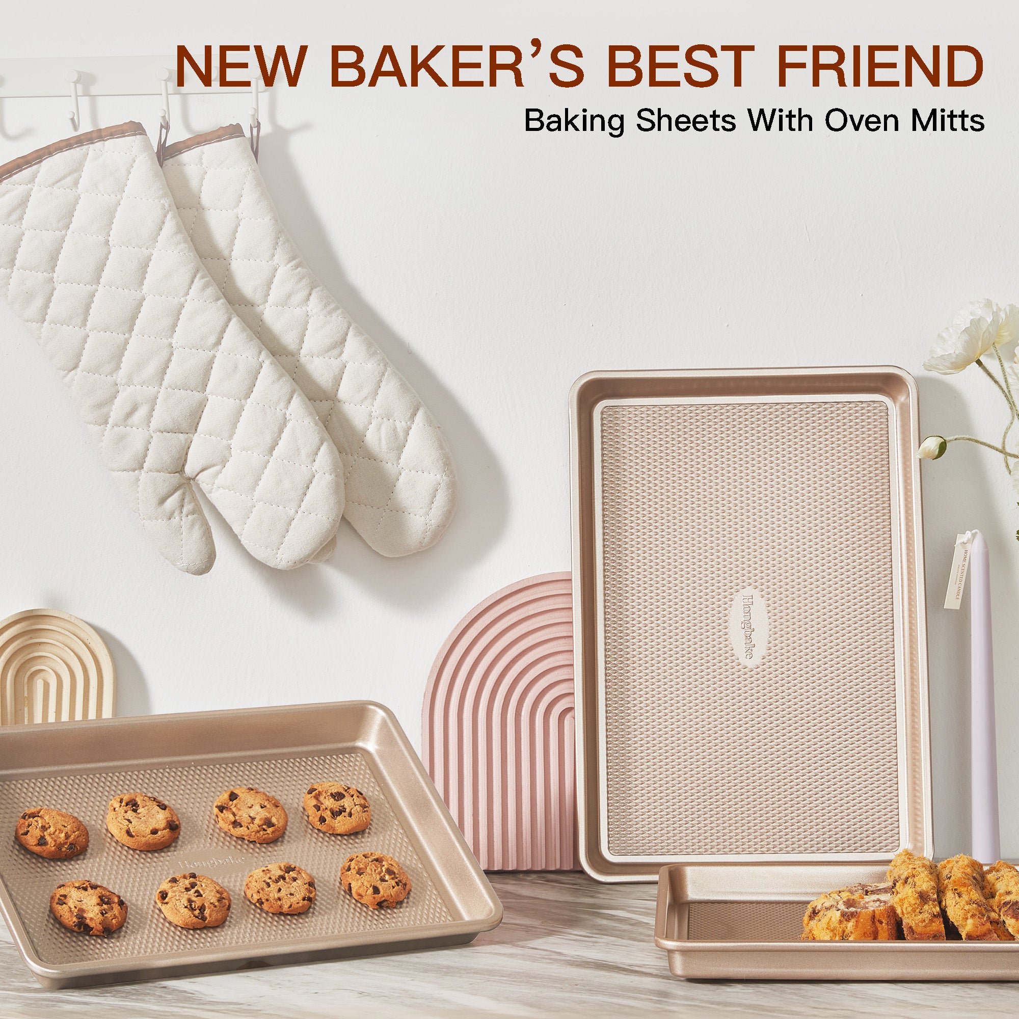 Diamond Texture Nonstick Baking Sheet Set (3-Piece) With Oven Mitts