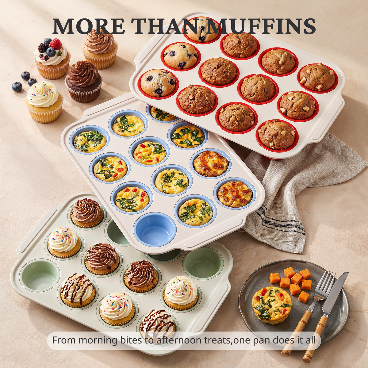 Silicone Standard Muffin Pan with Warm Oat Carbon Steel Frame, 12-Cup