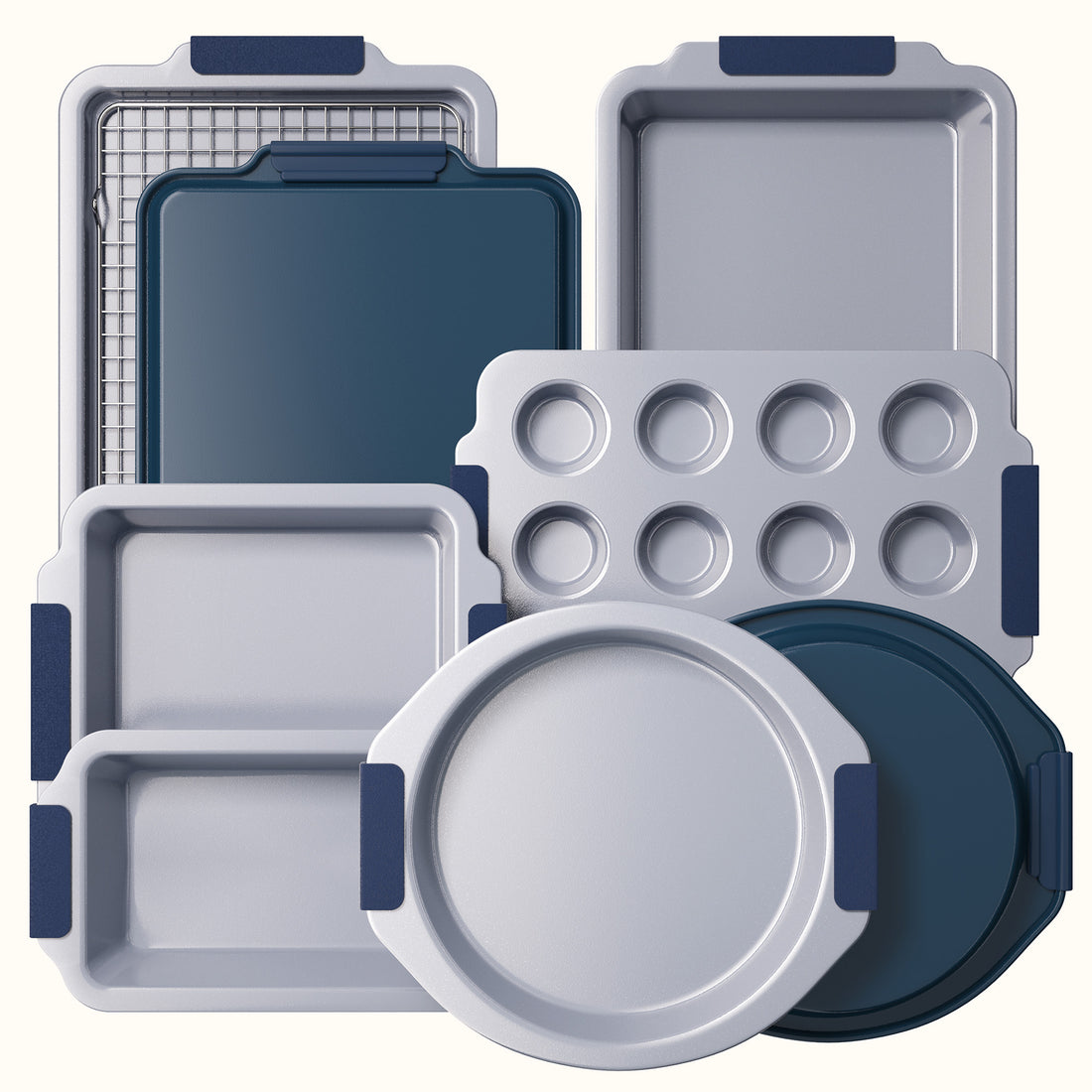 9-Piece Ceramic Nonstick Bakeware Set with Silicone Handles – Blue, Heavy Duty Aluminized Steel