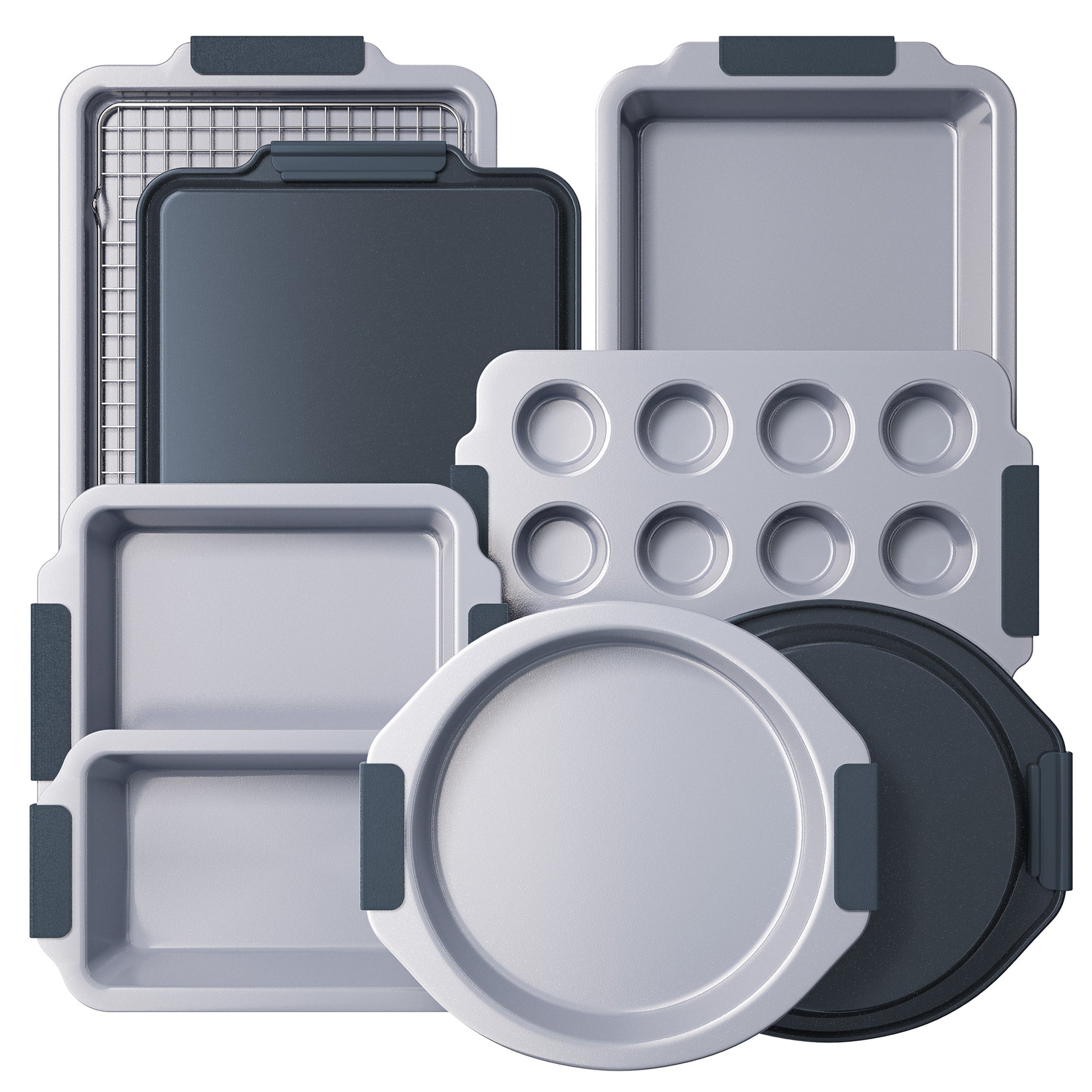 9-Piece Ceramic Nonstick Bakeware Set with Silicone Handles – Gray blue, Heavy Duty Aluminized Steel