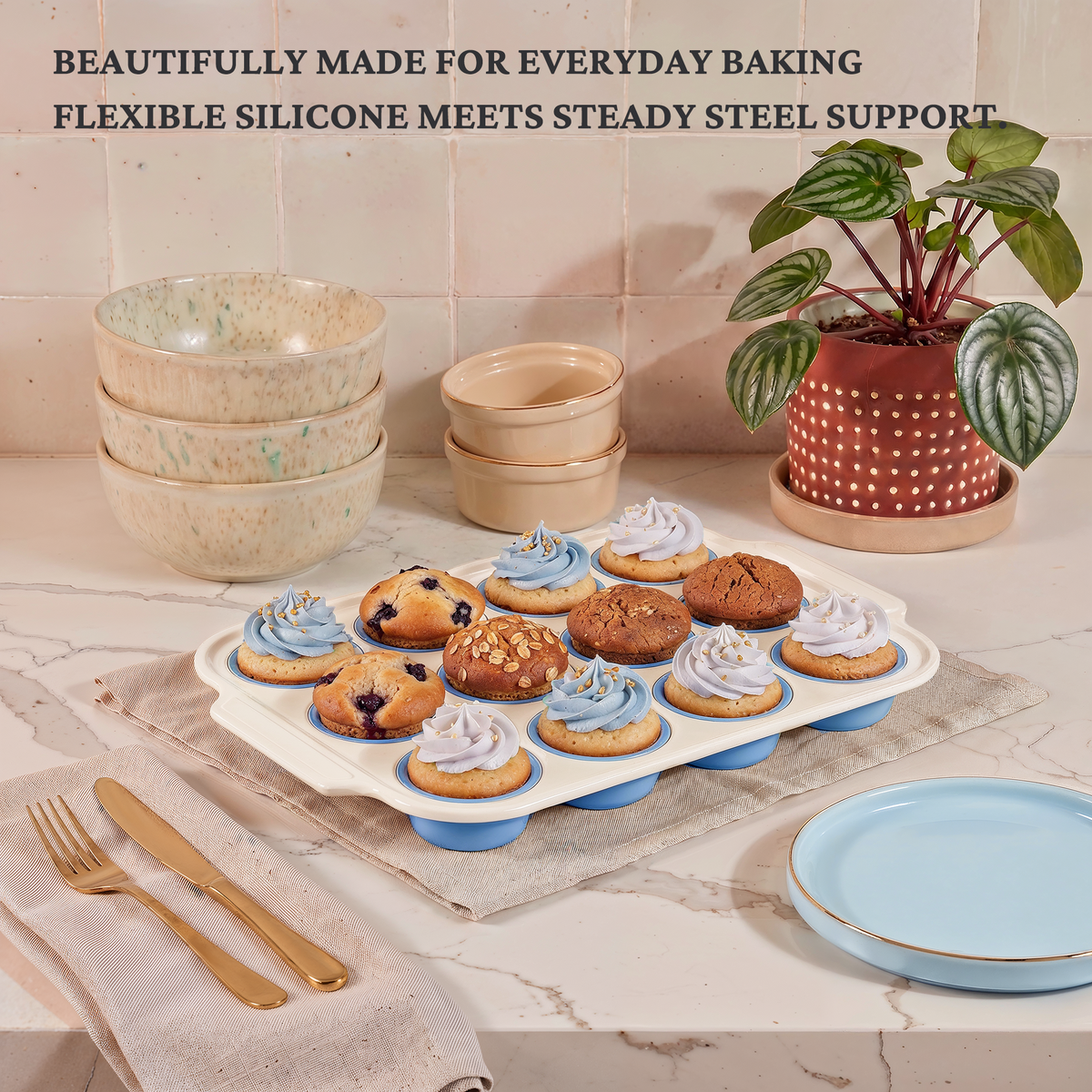 Silicone Standard Muffin Pan with Warm Oat Carbon Steel Frame, 12-Cup
