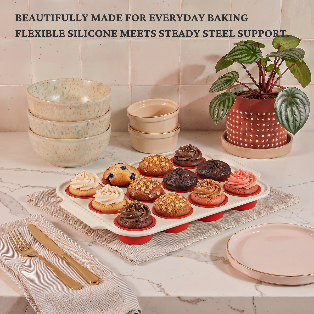 Silicone Standard Muffin Pan with Warm Oat Carbon Steel Frame, 12-Cup