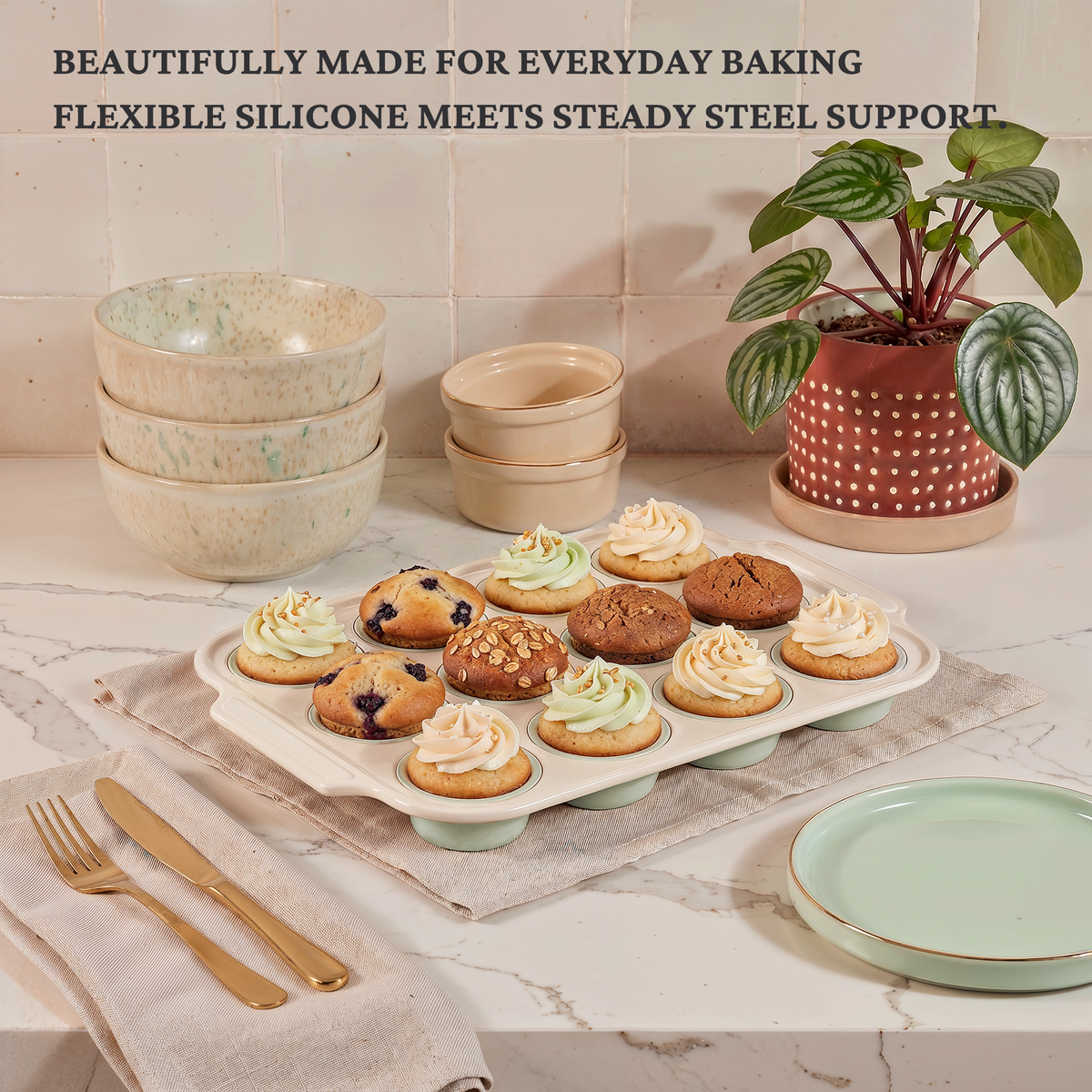 Silicone Standard Muffin Pan with Warm Oat Carbon Steel Frame, 12-Cup