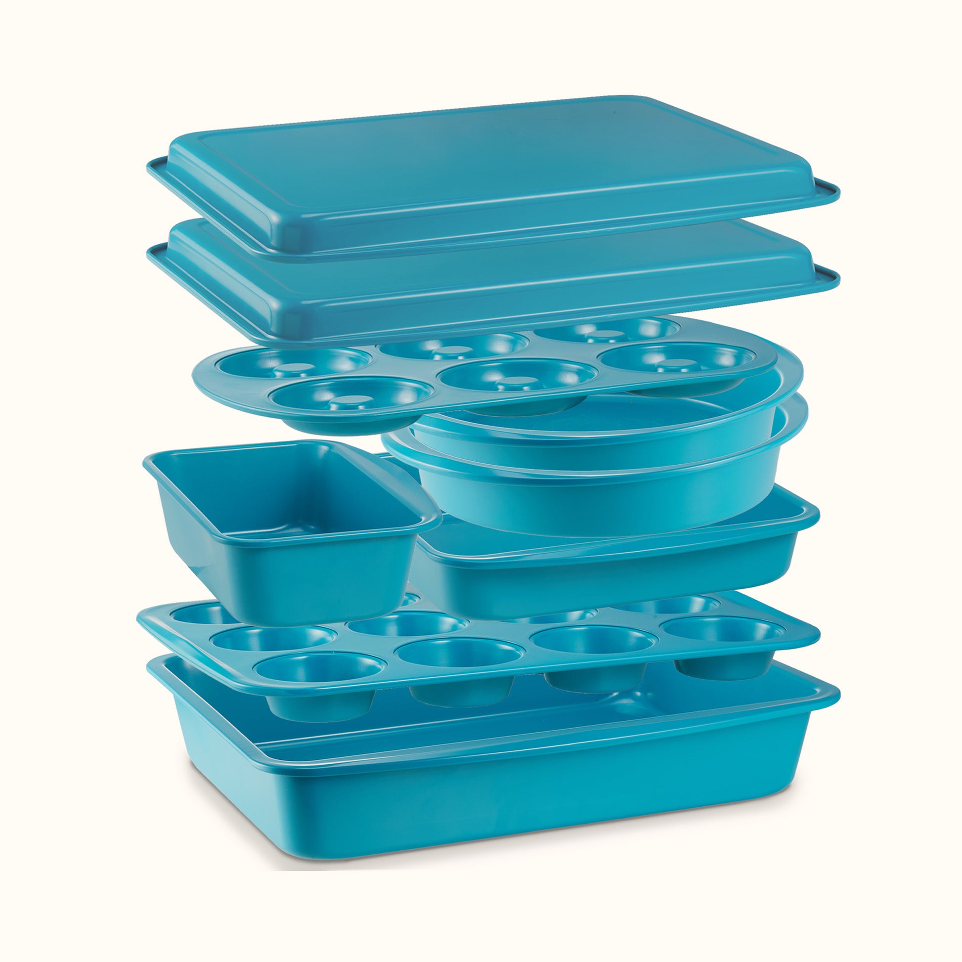 Stackable 9-Piece Non-Stick Bakeware Set with Donut Pan – Blue, Space-Saving Baking Pans
