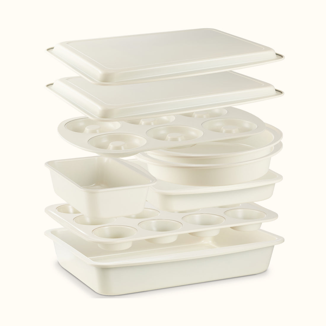 Stackable 9-Piece Non-Stick Bakeware Set with Donut Pan – White, Space-Saving Baking Pans