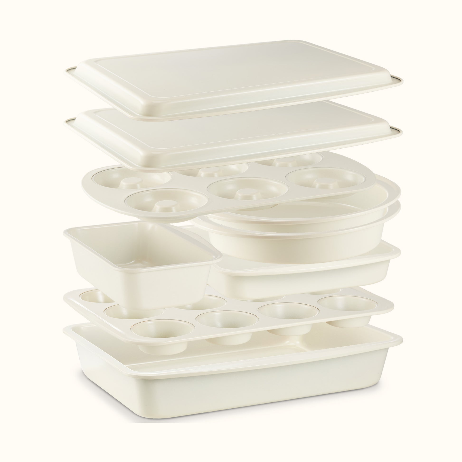Stackable 9-Piece Non-Stick Bakeware Set with Donut Pan – White, Space-Saving Baking Pans