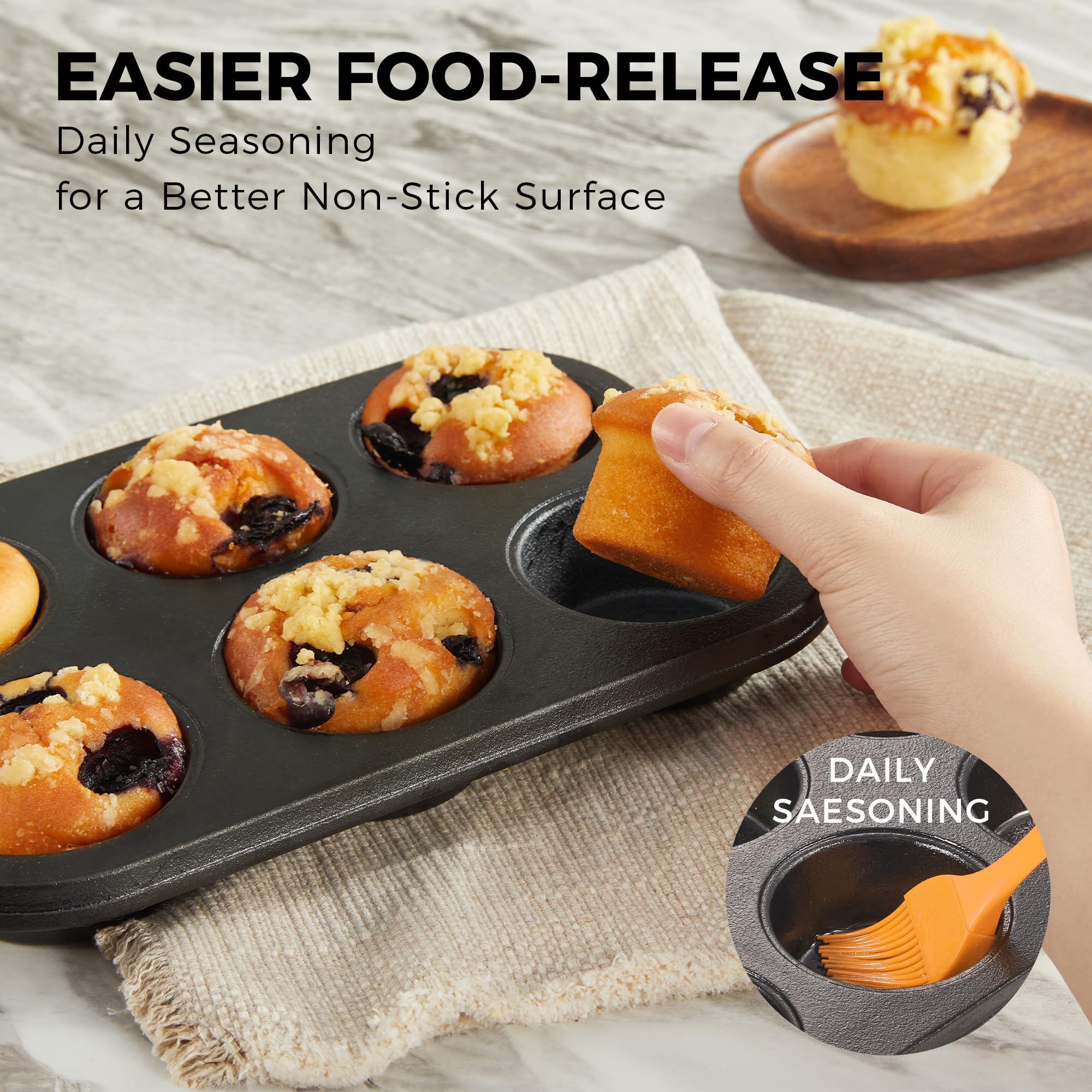 Cast iron muffin and cupcake pan with 6 cups for oven baking