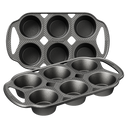 Cast iron muffin and cupcake pans with integrated handles, 6 cup, set of 2