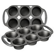 Cast iron muffin and cupcake pans with integrated handles, 6 cup, set of 2