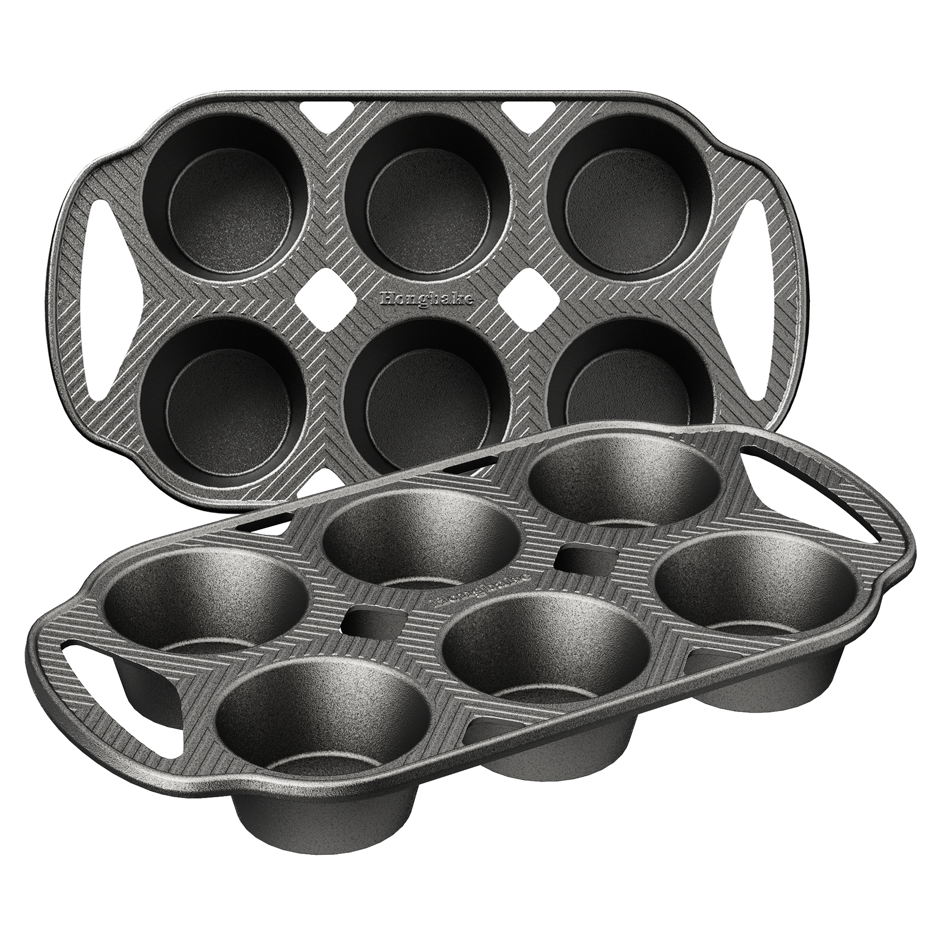 Cast iron muffin and cupcake pans with integrated handles, 6 cup, set of 2